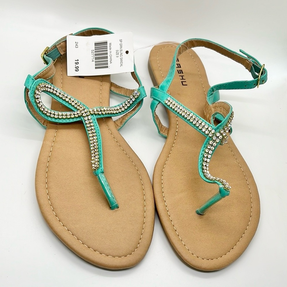 NWT Sashu Teal Thong Summer Sandals with Rhinestone Detailing size women’s 9